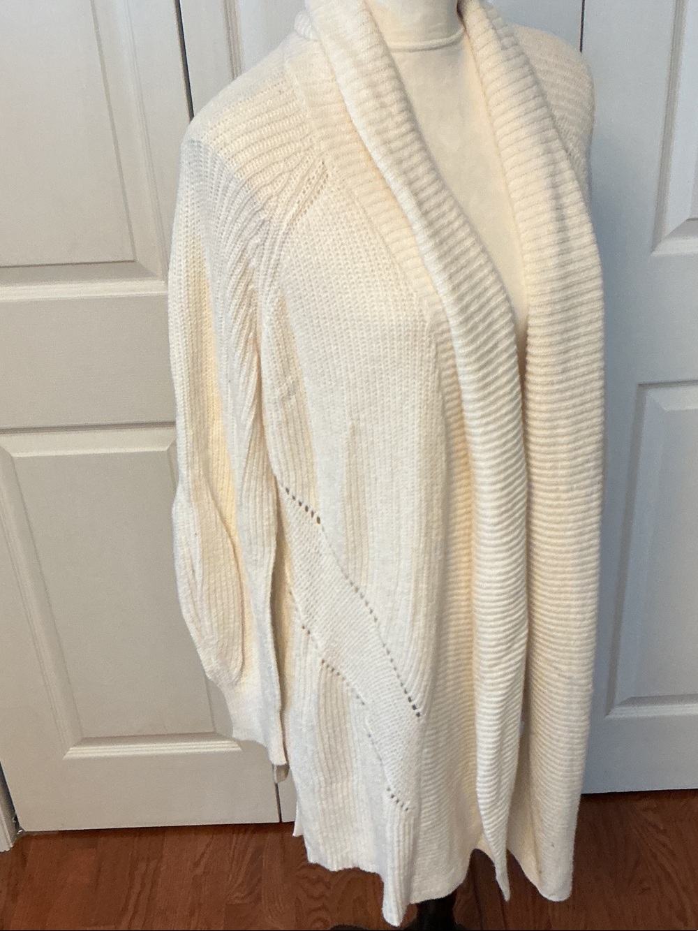 LOFT Cream Open-Front Ribbed Drape Cardigan - Picture 2 of 5